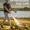 A man is walking a dog with a 5M retractable dog leash featuring an LED flashlight and RGB light.