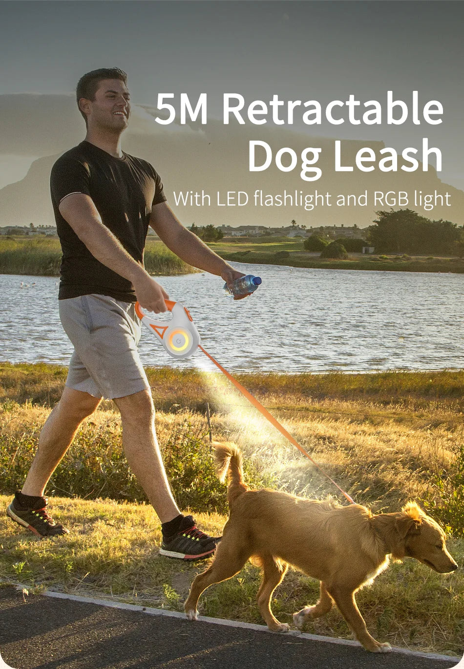 A man is walking a dog with a 5M retractable dog leash featuring an LED flashlight and RGB light.