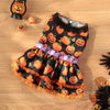 A black and orange pumpkin lace dress for a small dog, featuring ruffled tiers and a decorative trim.