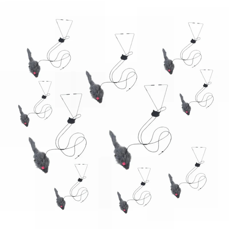 A gray interactive door hanging cat toy with a mouse teaser, shown in various positions.