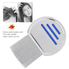 A silver stainless steel lice removal comb with fine teeth and blue plastic bristles shown next to a woman's hair.