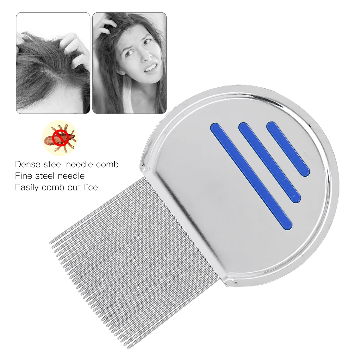A silver stainless steel lice removal comb with fine teeth and blue plastic bristles shown next to a woman's hair.