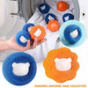 A hand is shown placing reusable pet hair and lint removal balls of various colors into a washing machine drum.
