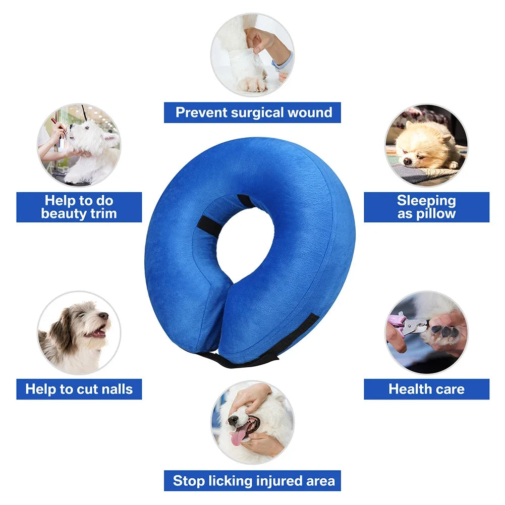 Blue inflatable pet recovery collar shown with various uses like preventing wounds, trimming nails, and providing comfort.