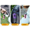 Three steps showing how to use a portable mesh dog waste bag dispenser: Tractor, Knapsack, and Traction.