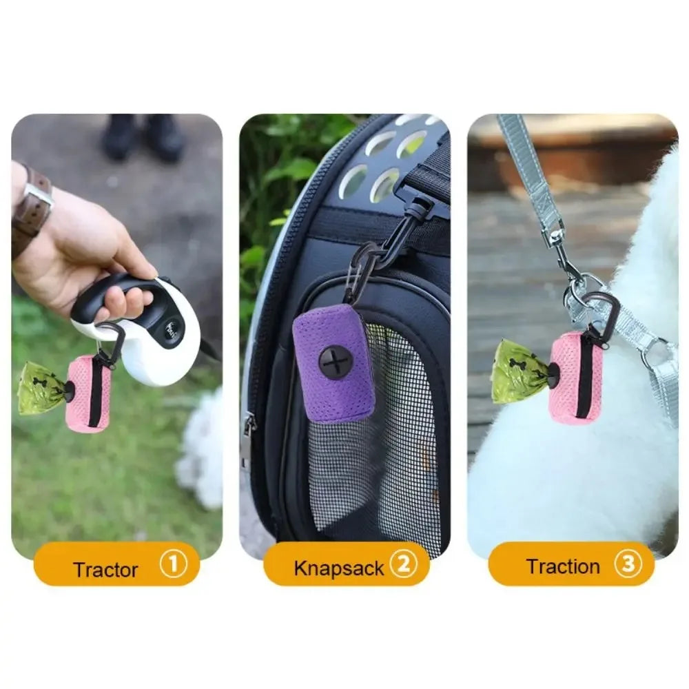 Three steps showing how to use a portable mesh dog waste bag dispenser: Tractor, Knapsack, and Traction.