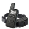 A black rechargeable dog training collar with a remote control and strap is shown.