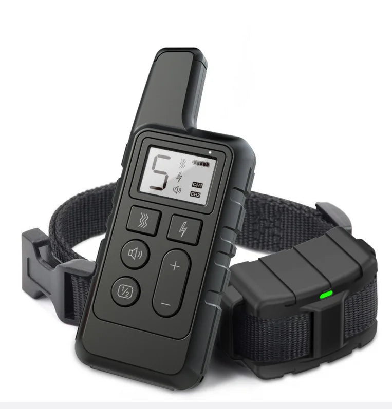A black rechargeable dog training collar with a remote control and strap is shown.