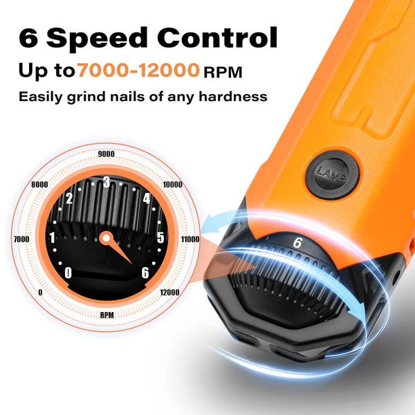 Orange dog nail grinder showing a dial with speed markings and a grinding tip.
