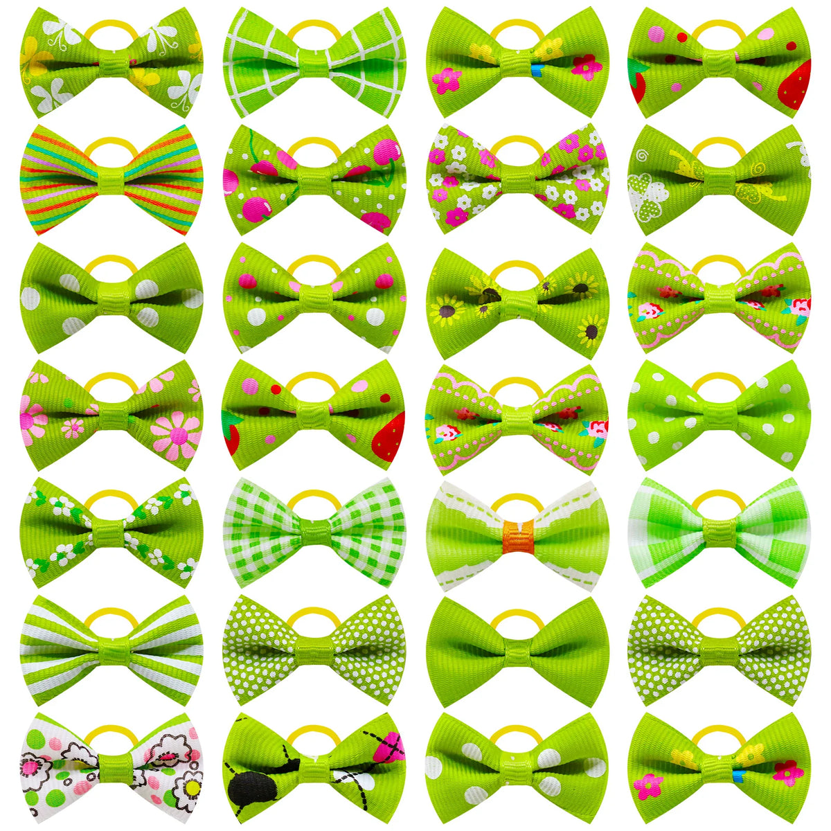A collection of adorable pet hair bows in various colors and patterns with gentle rubber bands.