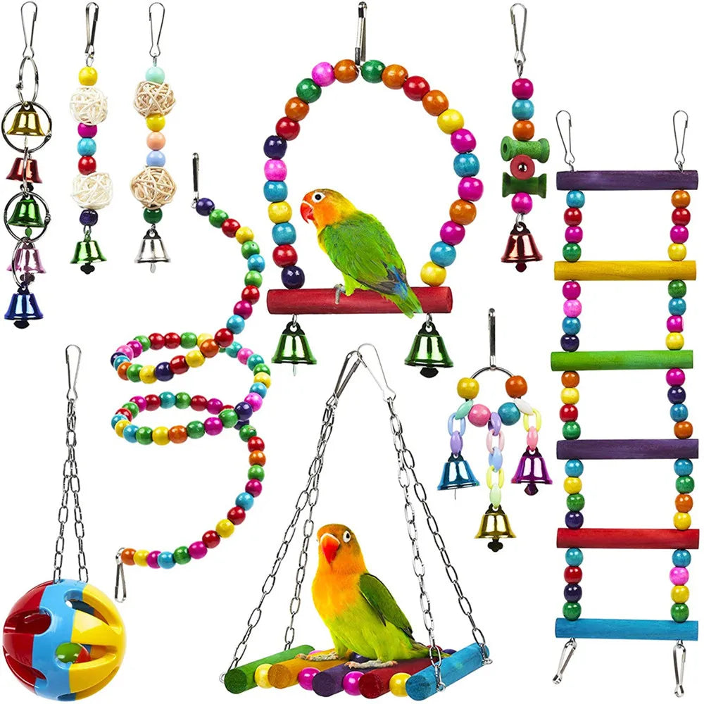 Set aus Kombinationsspielzeug für Papageien mit bunten Perlen, Ringen und Hängebrücke zum Training.