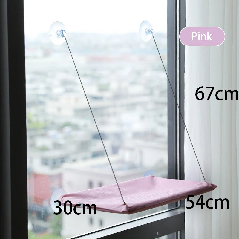 Pinkes Fenster-Hängematten-Katzenbett mit Stadtblick