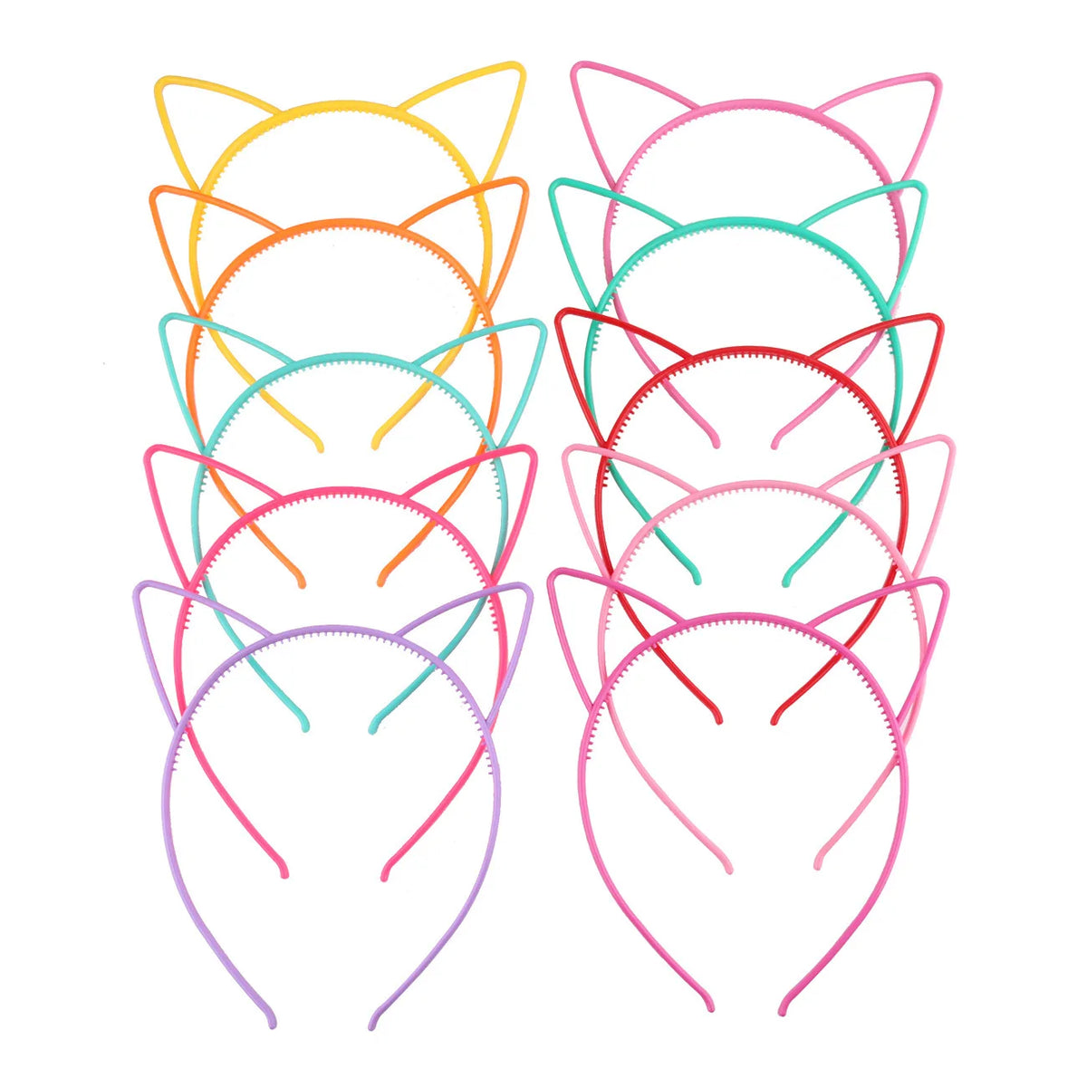 A collection of colorful cat ear headbands for girls and kids in various pastel shades.