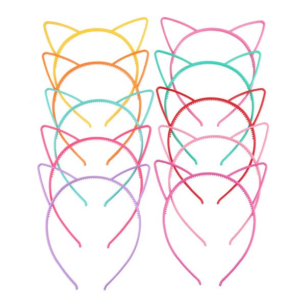 A collection of colorful cat ear headbands for girls and kids in various pastel shades.