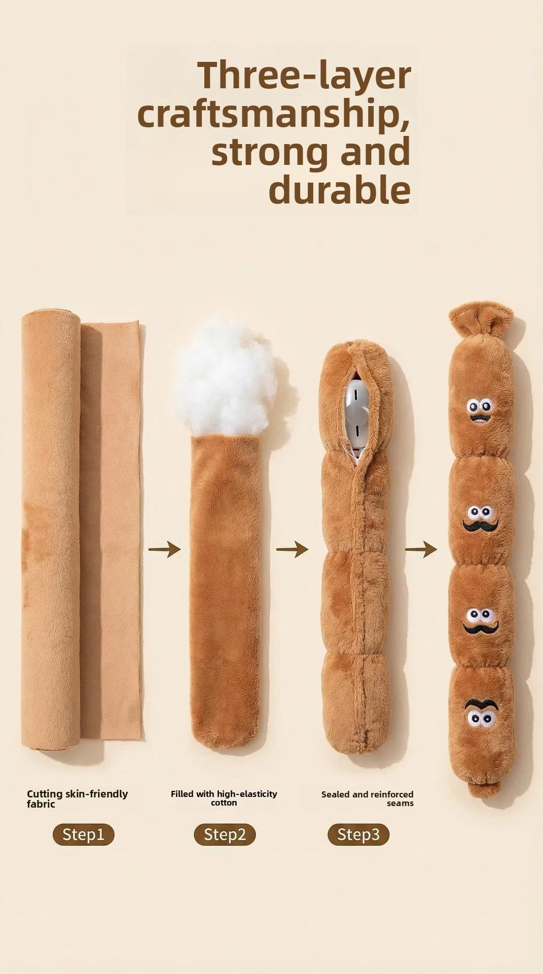 Three-layer craftsmanship showing the steps of making a durable dog chew toy from fabric to sealed seams