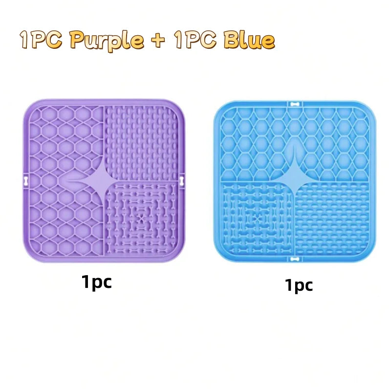 Two silicone lick mats for dogs, one purple and one blue, shown side by side.