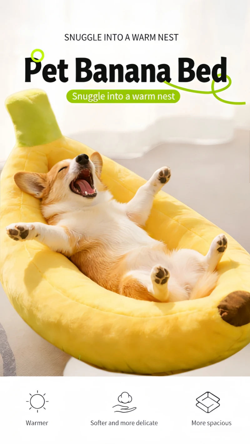 A happy dog is relaxing in a yellow banana-shaped plush pet bed.