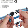 A hand is holding a safety breakaway buckle cat collar with a reflective nylon collar and a removable bell.