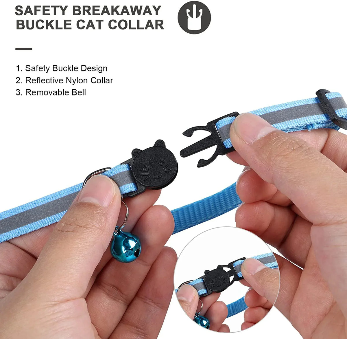 A hand is holding a safety breakaway buckle cat collar with a reflective nylon collar and a removable bell.