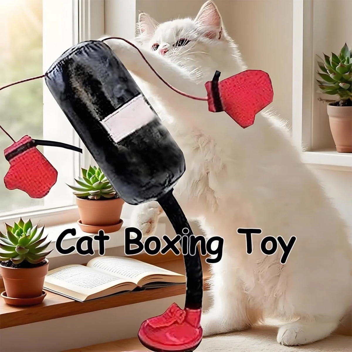 Eine weiße Katze spielt mit einem rosa Boxspielzeug zur Stressbewältigung.