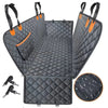 A black quilted waterproof dog car seat cover hammock with orange accents shown in various configurations.