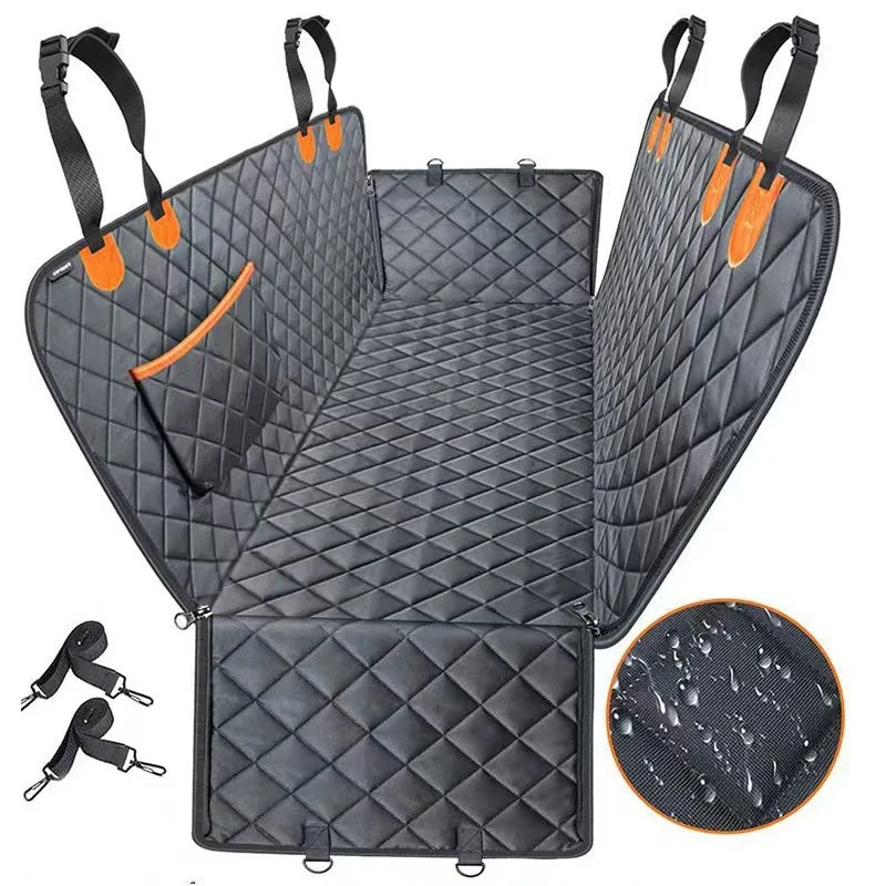 A black quilted waterproof dog car seat cover hammock with orange accents shown in various configurations.