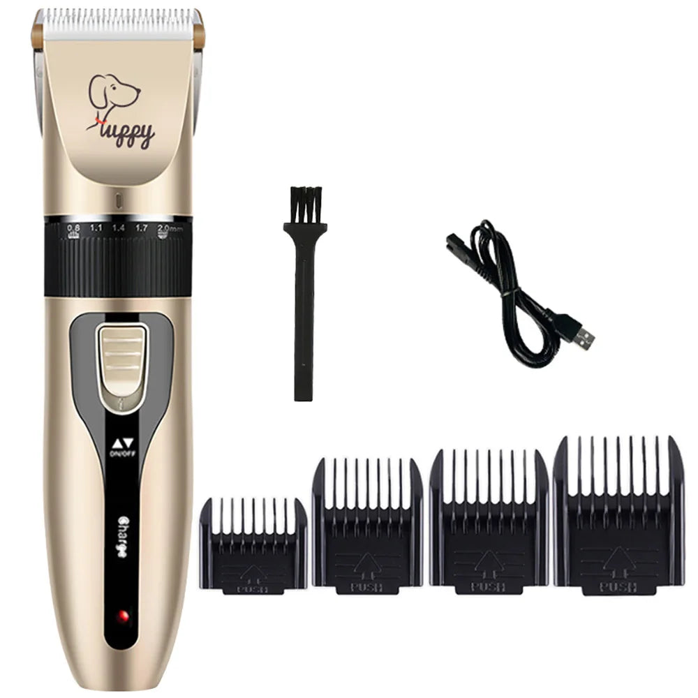 A professional pet hair clipper in gold and black with various grooming attachments.