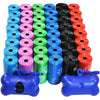 A collection of bone-shaped poop bags in various colors and a blue dispenser with a clip.