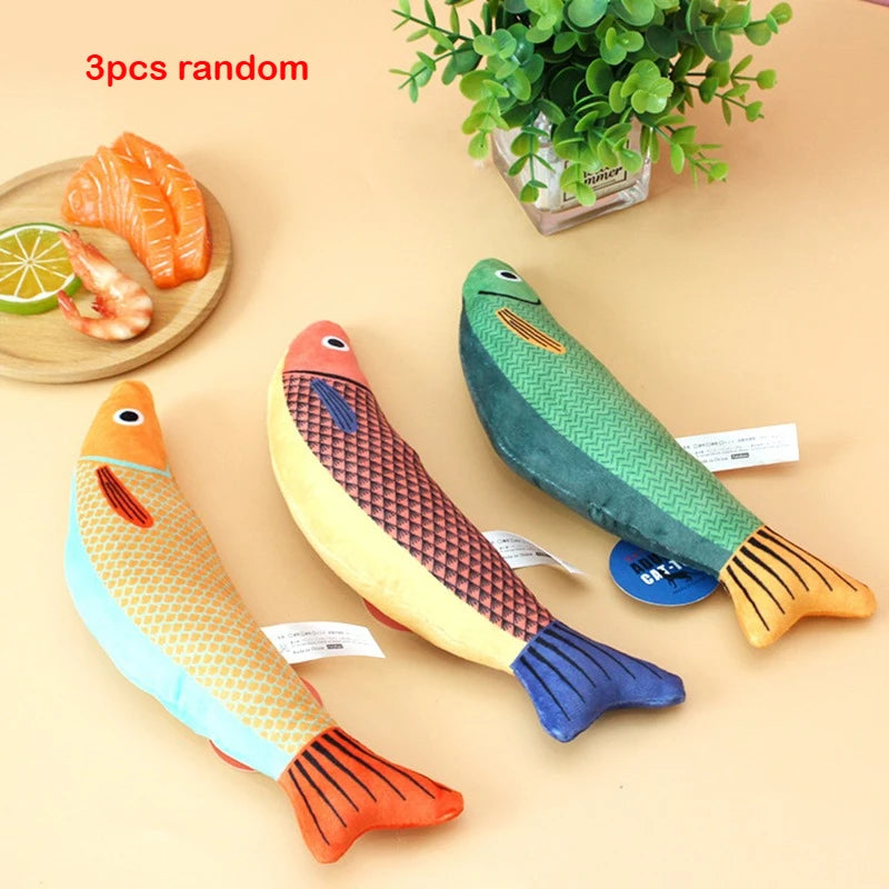 Three random lifelike 3D catnip fish plush toys in various colors and shapes