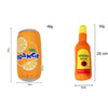Orange colored bottle-shaped squeaky plush dog toy with a citrus fruit design