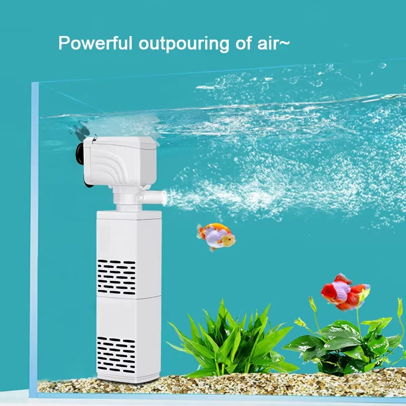 A white submersible aquarium filter pump is shown underwater with air bubbling and a fish near aquatic plants.