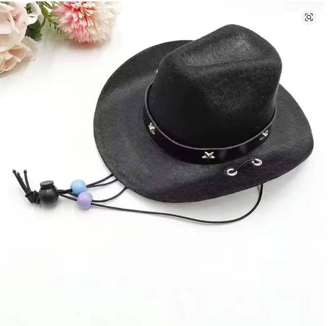 Black felt cowboy hat with silver studs and purple cord for dogs or cats