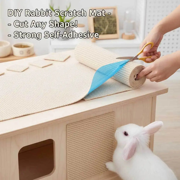 DIY Rabbit Scratch Mat featuring a self-adhesive design being prepared on a wooden surface.