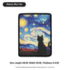 A dark felt cat scratching board featuring a starry night sky and a silhouette of a black cat.