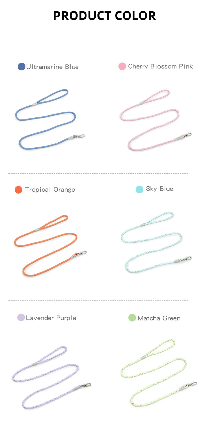 A collection of reflective nylon dog leashes in various colors including ultramarine blue, cherry blossom pink, tropical oran