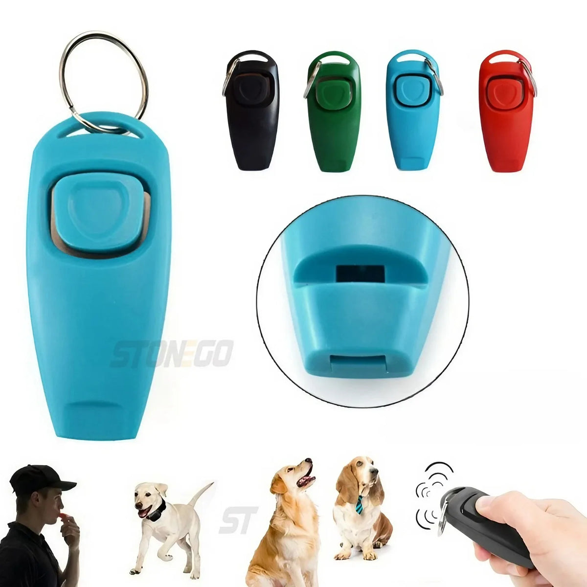 A collection of blue, green, and red dog training clickers and whistles with keyrings shown alongside a dog.
