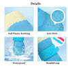 Details of waterproof anti-slip dog socks showing soft elastic knitting, anti-dirty features, waterproof performance, and hoo