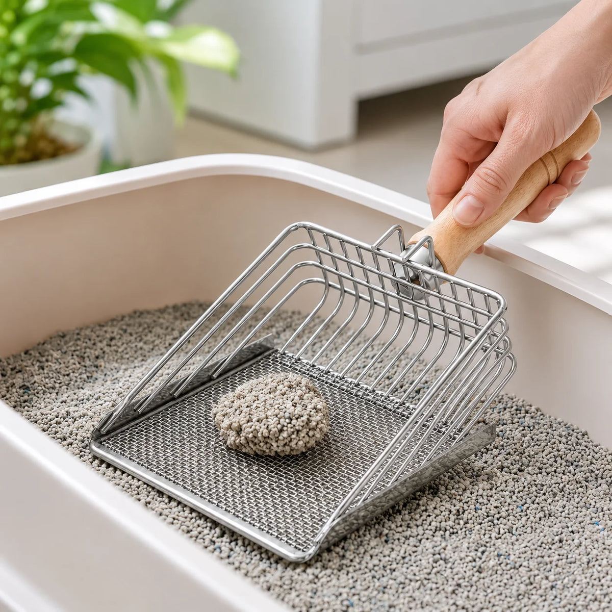 A hand is using a stainless steel cat litter scoop with a wooden handle and fine mesh sifter to scoop litter from a container