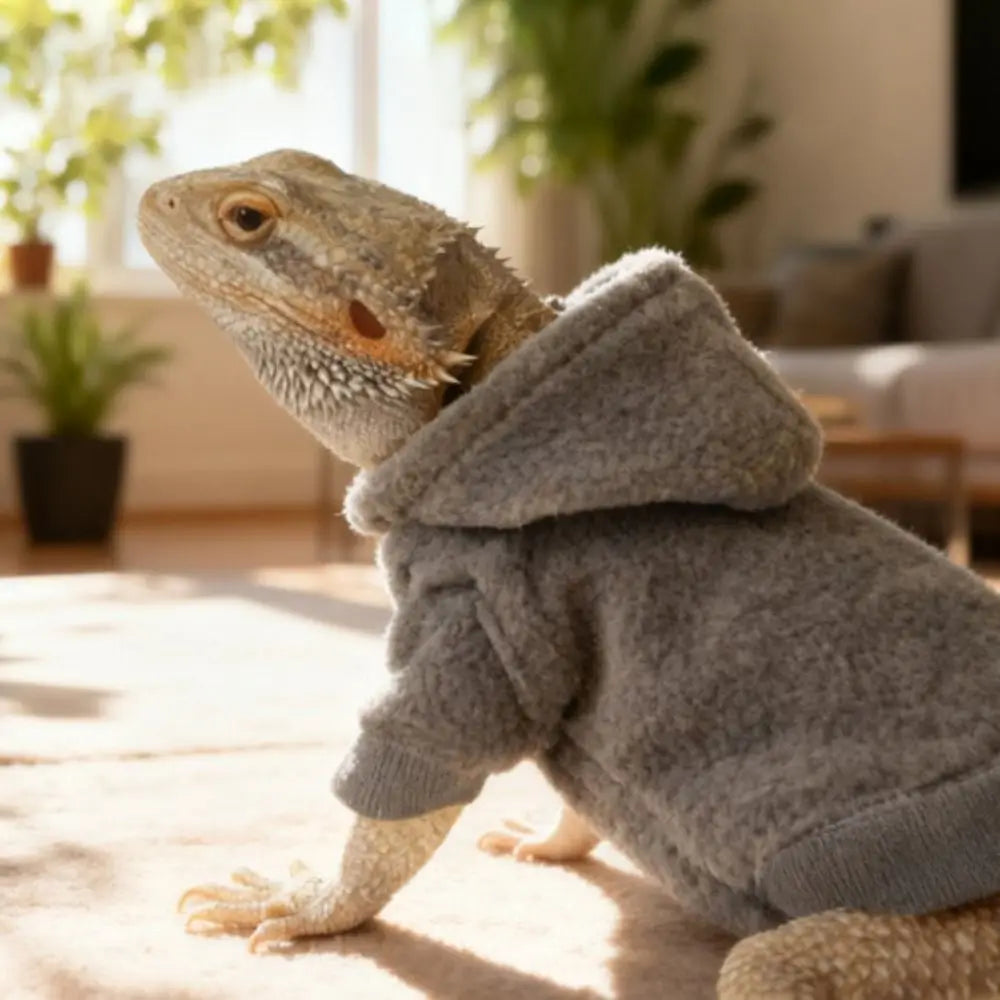 A bearded dragon wearing a soft gray hooded sweater and textured skin is shown in a bright indoor setting.