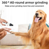 A golden retriever dog is shown receiving a nail grinding treatment from a person using a white pet nail grinder.