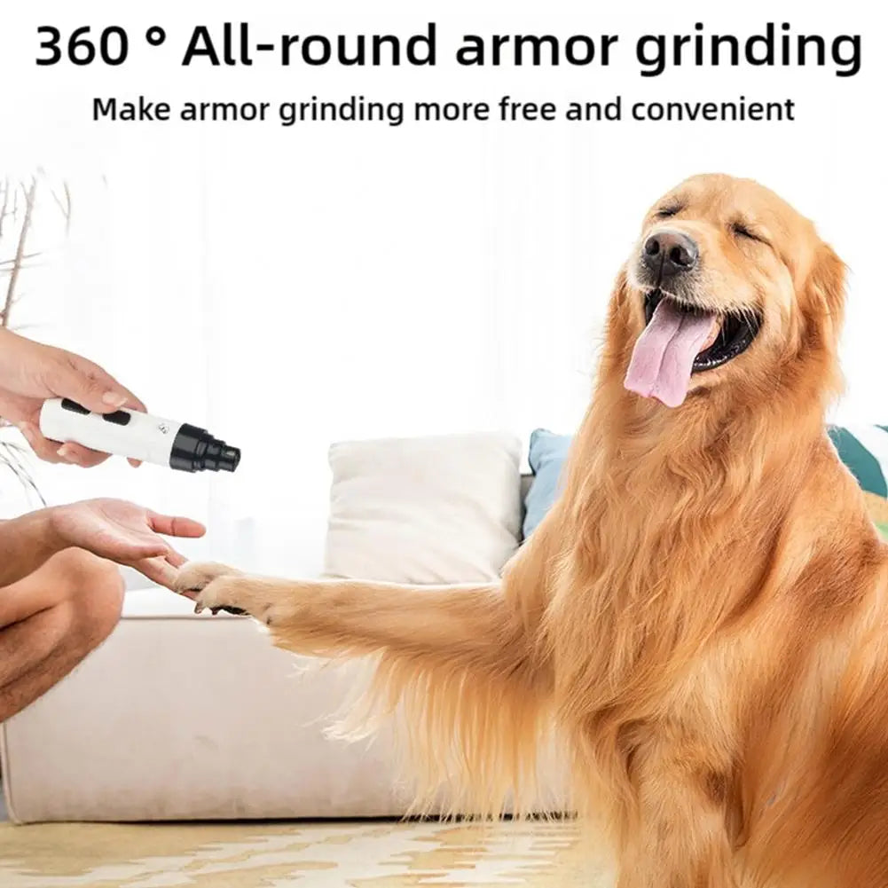 A golden retriever dog is shown receiving a nail grinding treatment from a person using a white pet nail grinder.