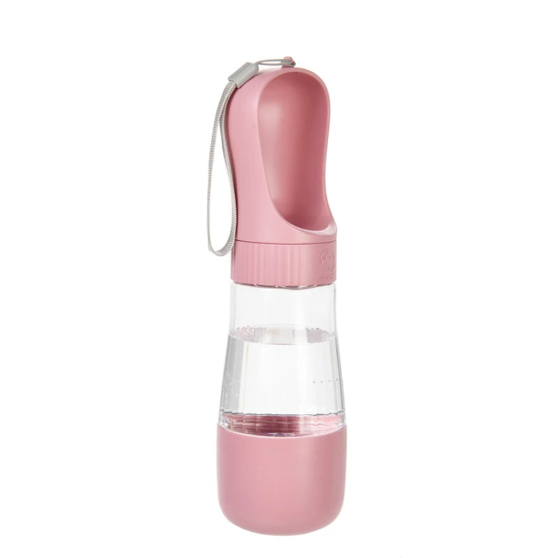 A pink 2-in-1 portable pet water and food dispenser with a clear reservoir and a silicone straw.