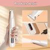 A white rechargeable USB pet paw trimmer is shown being held, with close-ups of the trimming blade and the device's features.