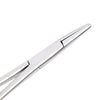 Stainless steel pet ear hair tweezers with a curved tip shown in a close-up view.