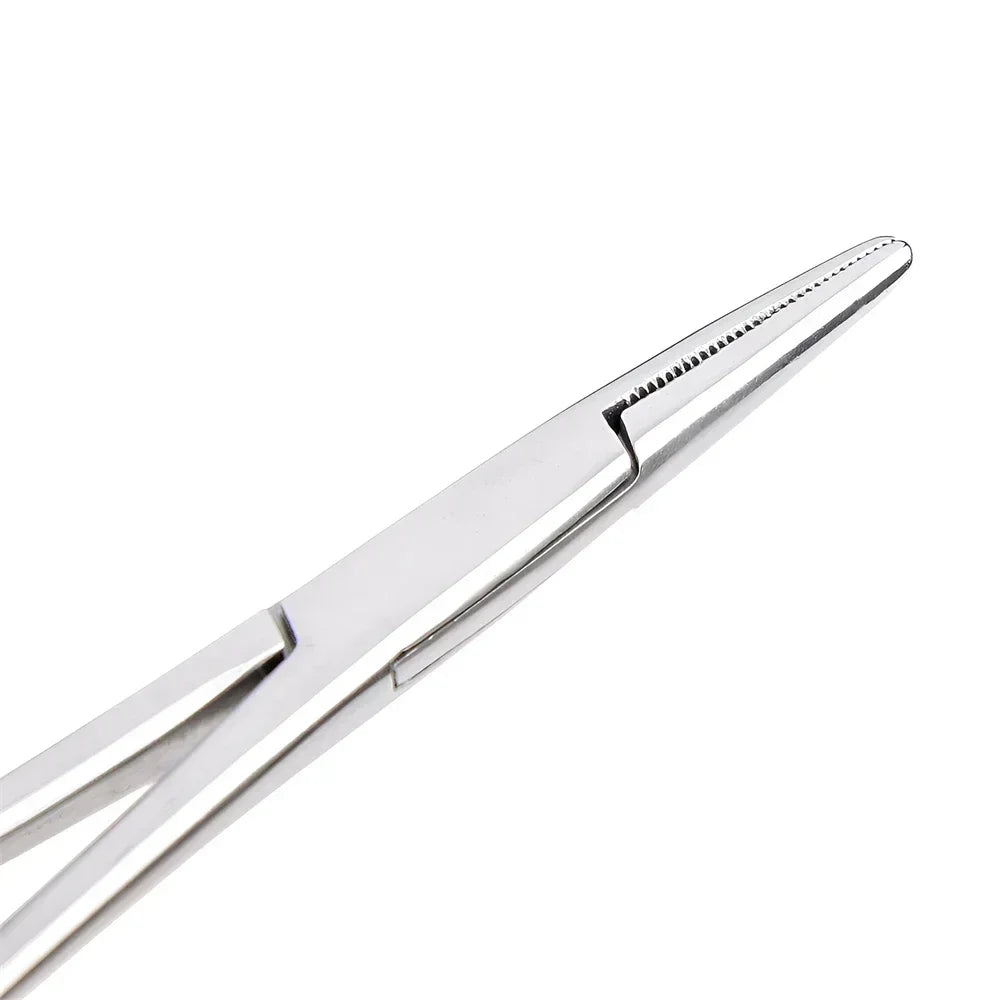 Stainless steel pet ear hair tweezers with a curved tip shown in a close-up view.