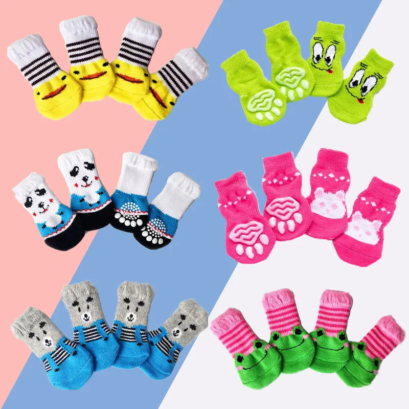 A collection of cute pet dog and cat shoes in various colors and patterns.