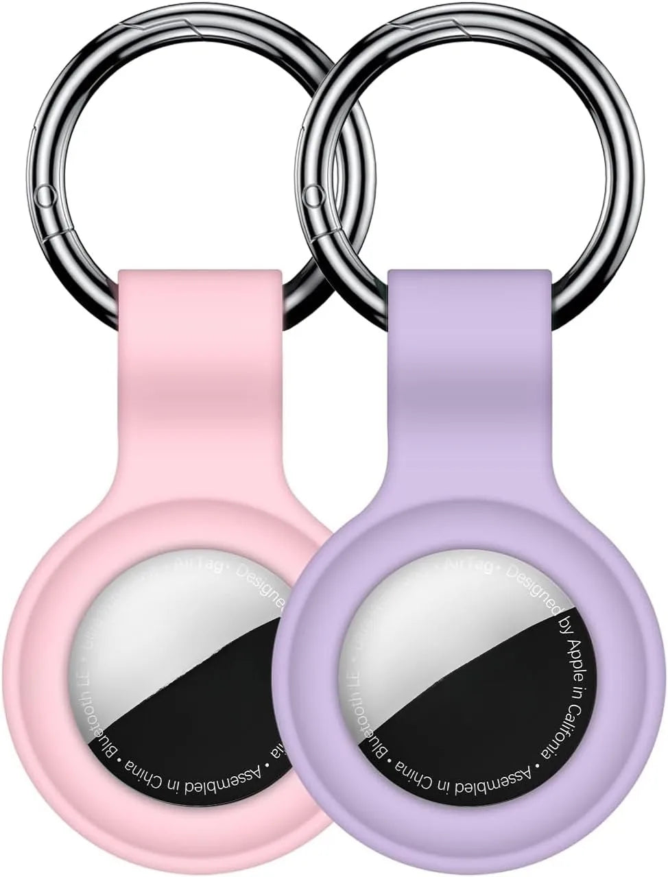 A silicone protective cover for an AirTag attached to a keychain, shown in pink and purple colors.