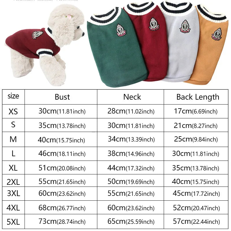 A table listing sizes and measurements for a classic V-neck knit vest for small dogs.
