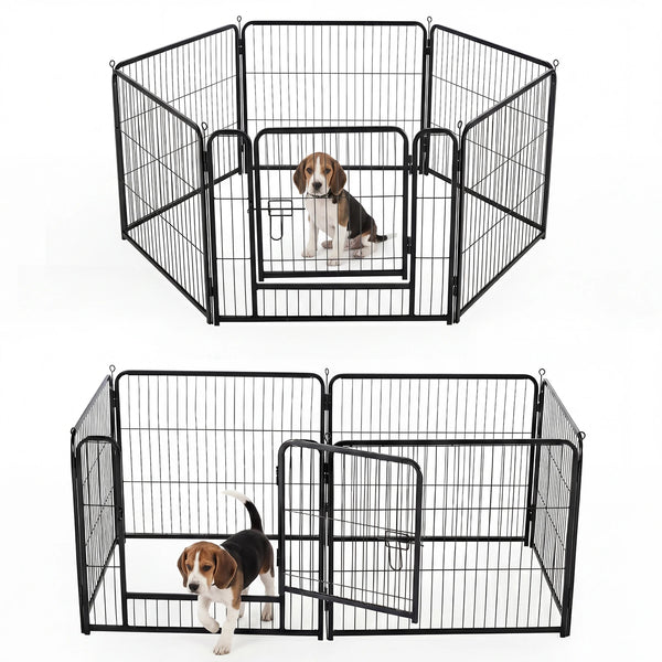 A black foldable metal pet playpen for dogs with a dog inside.