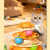 A fluffy orange cat sits next to an orange interactive cat turntable toy with colorful balls.